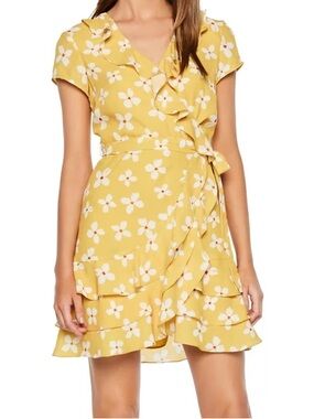 BARDOT Abstract Daisy Faux Wrap Mini Dress Yellow Floral Print Size S